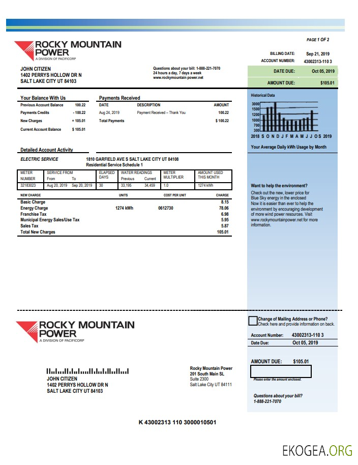 USA Utah Rocky Mountain Power electricity utility bill template in Word and PDF format